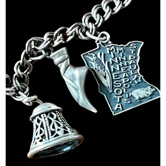 Sterling Silver Charm Bracelet W/ Pinecone Mug Clover & State Charms VTG 6.25” L - Picture 7 of 15